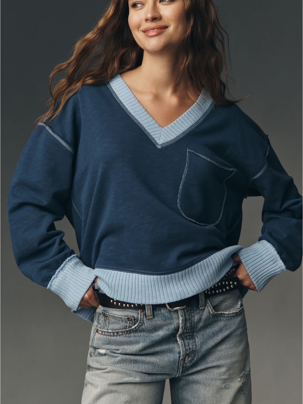 NEW Anthropolgie Pilcro Montana Pocket KnitNavy V-Neck Pullover Sweater SMALL